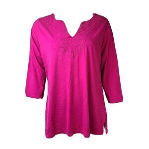 Charter Club Top Womens Size 0X Solid All Pink 3/4 Sleeve Embroidered Neckline